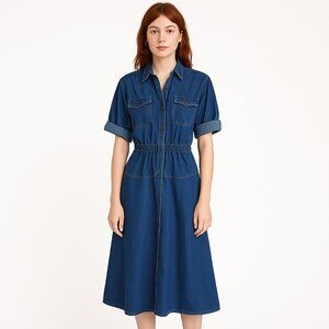 VINTAGE California Girl Denim Shirt Dress Western Utility 80s Midi Rolled Sleeve